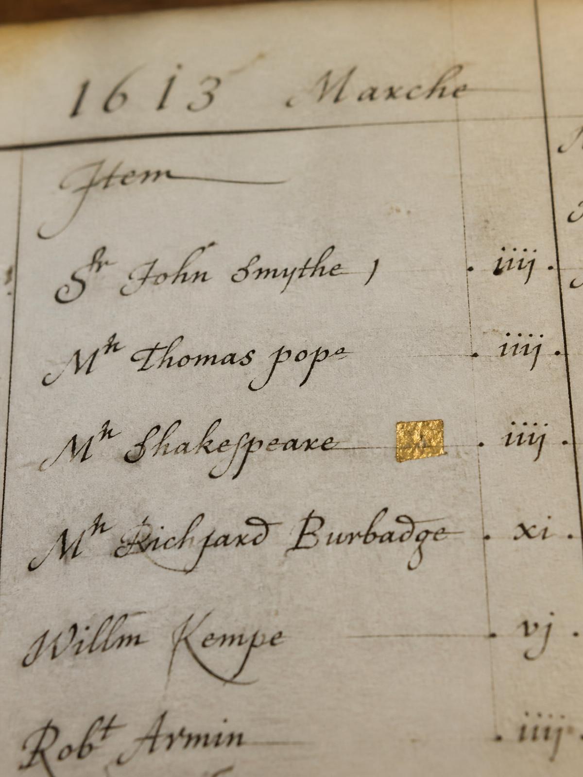 Macro detail of a Renaissance household ledger showing an entry naming Mr. Shakespeare